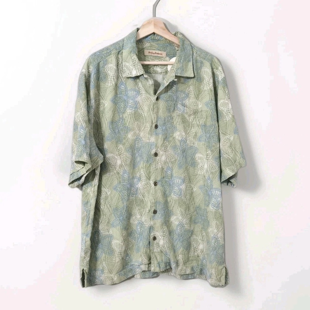 Vintage Tommy Bahama 100% Silk‎ Shirt Men's Size XL Green Floral Short Sleeve